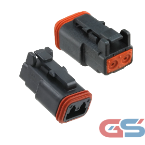 Deutsch DT06 2-way male connector assembly designed for waterproof, vibration-resistant automotive and industrial electrical connections.